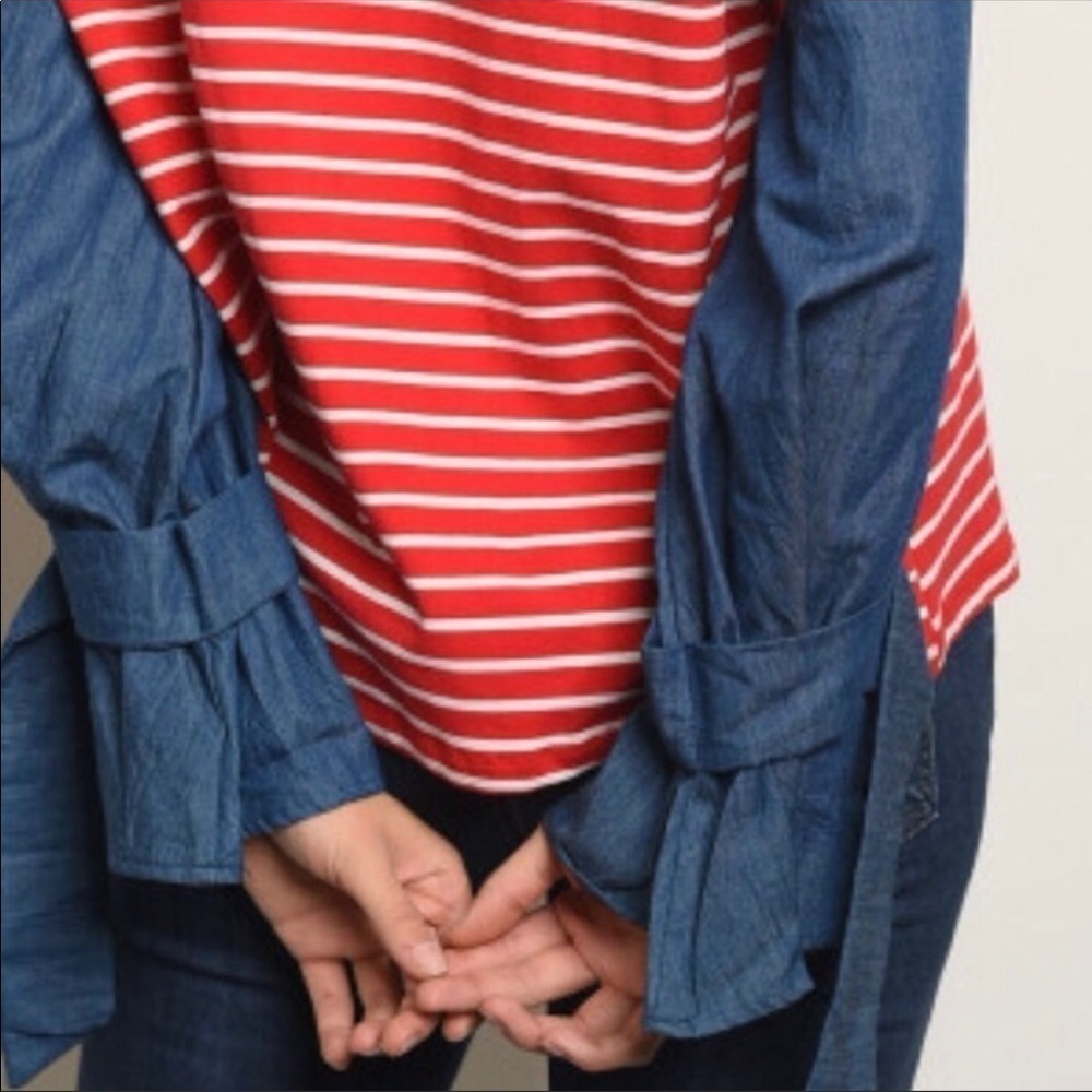 Red & white striped blouse with denim slee… - Picture 4 of 6